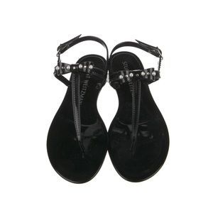 Stuart Weitzman Black Rubber T Strap Sandals